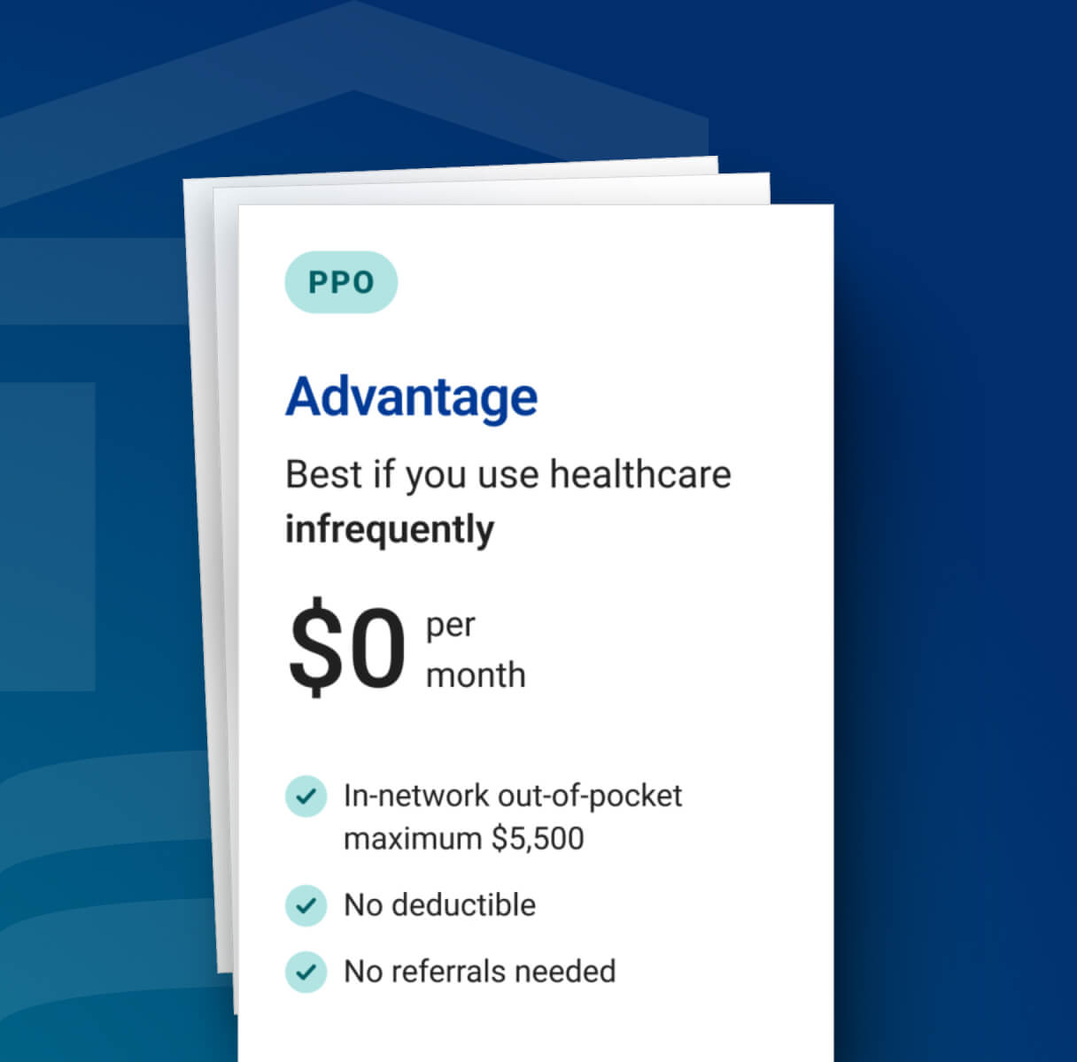 Graphic showing details for the 2024 Advantage PPO plan with $0/mo premium and $6,400 out-of-pocket maximum. 